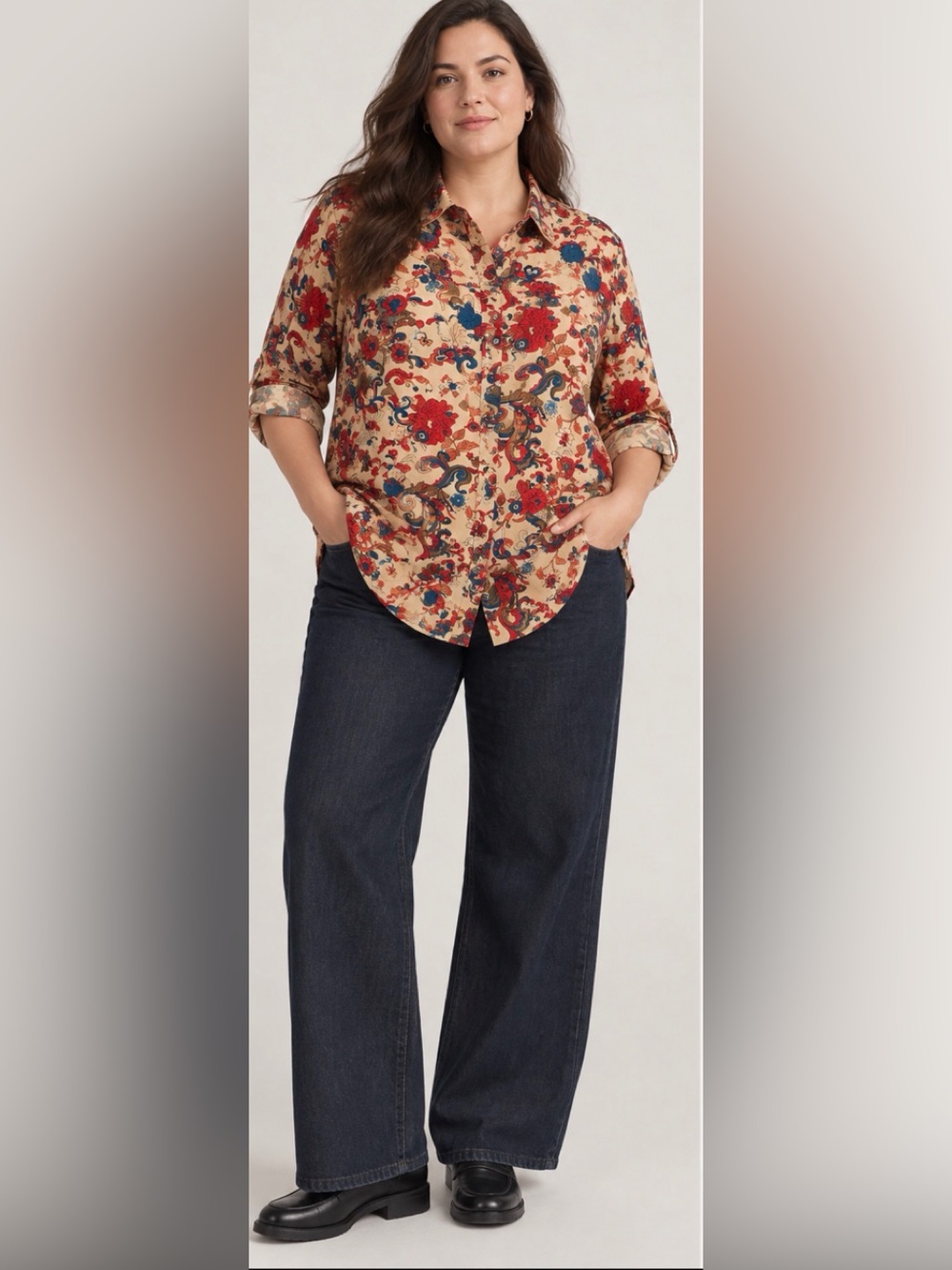 Charter Club Woman 16W Cotton Paisley Floral Button Front Shirt Blouse Top